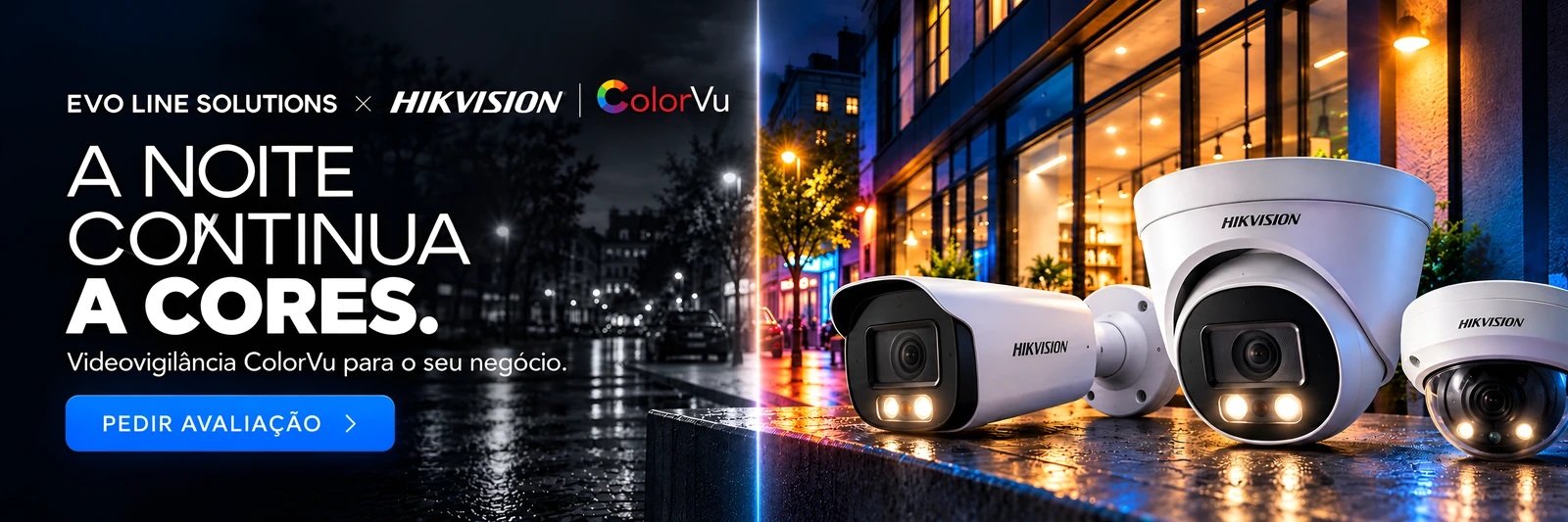Câmaras Hikvision ColorVu instaladas numa rua comercial à noite, com a imagem a cores em contraste com a mesma rua a preto e branco.