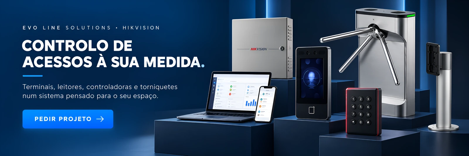 Terminal facial, leitor de teclado, controladora Hikvision, torniquete e software de gestão de acessos.