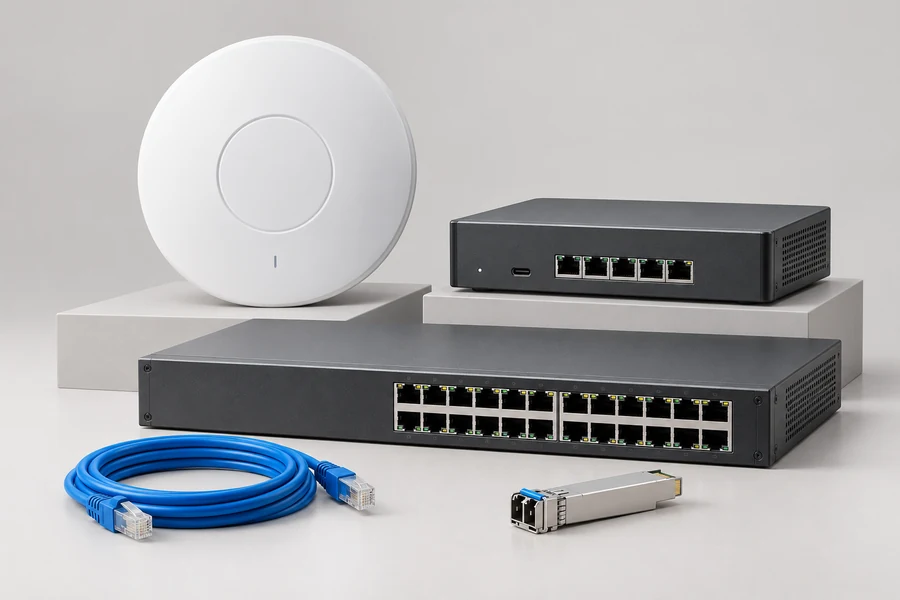 Ponto de acesso Wi-Fi, gateway, switch de rede, cabo Ethernet e módulo ótico.